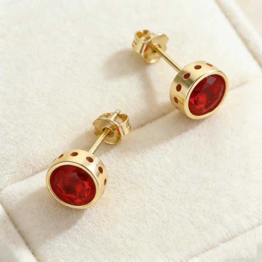 Red Zircon Round Stud Earrings For Women Men Gold Color Female Male Wedding Engagement Party Jewelry Mother Valentine Day Gifts
