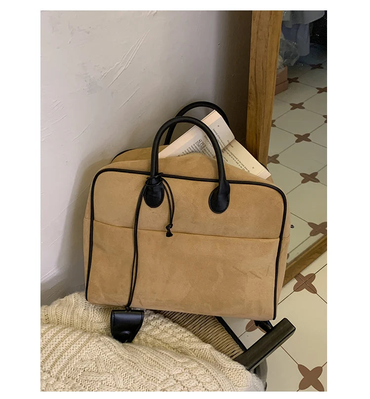 Faux Suede Taupe Retro Tote Bags for Women Solid Color Large Capacity Commuting Versatile Casual Shoulder Bag Classic Handbag