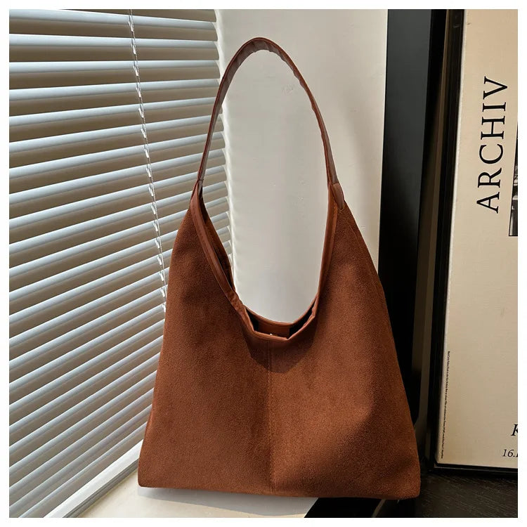 Vintage Faux Suede Tote Bags for Women Large Capacity Shoulder Ladies Underarm Bag Casual Simple Commuter Female Handbags