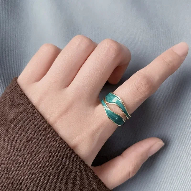 Luxury Irregular Adjustable Finger Ring Retro Stainless Steel Double Oil Drip Open Rings for Women  2025 New Trendy Jewelry