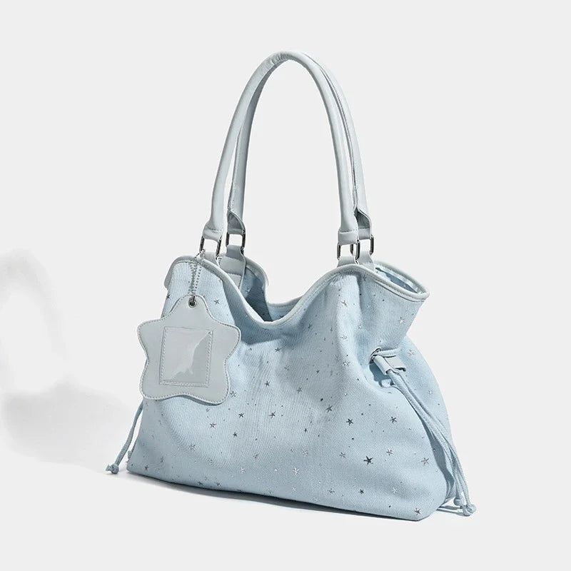 Polka Dot Suede Shoulder Bag Women Stylish Brown Slouchy Tote Drawstring Design Magnetic Buckle Underarm Bag With Star Pendant