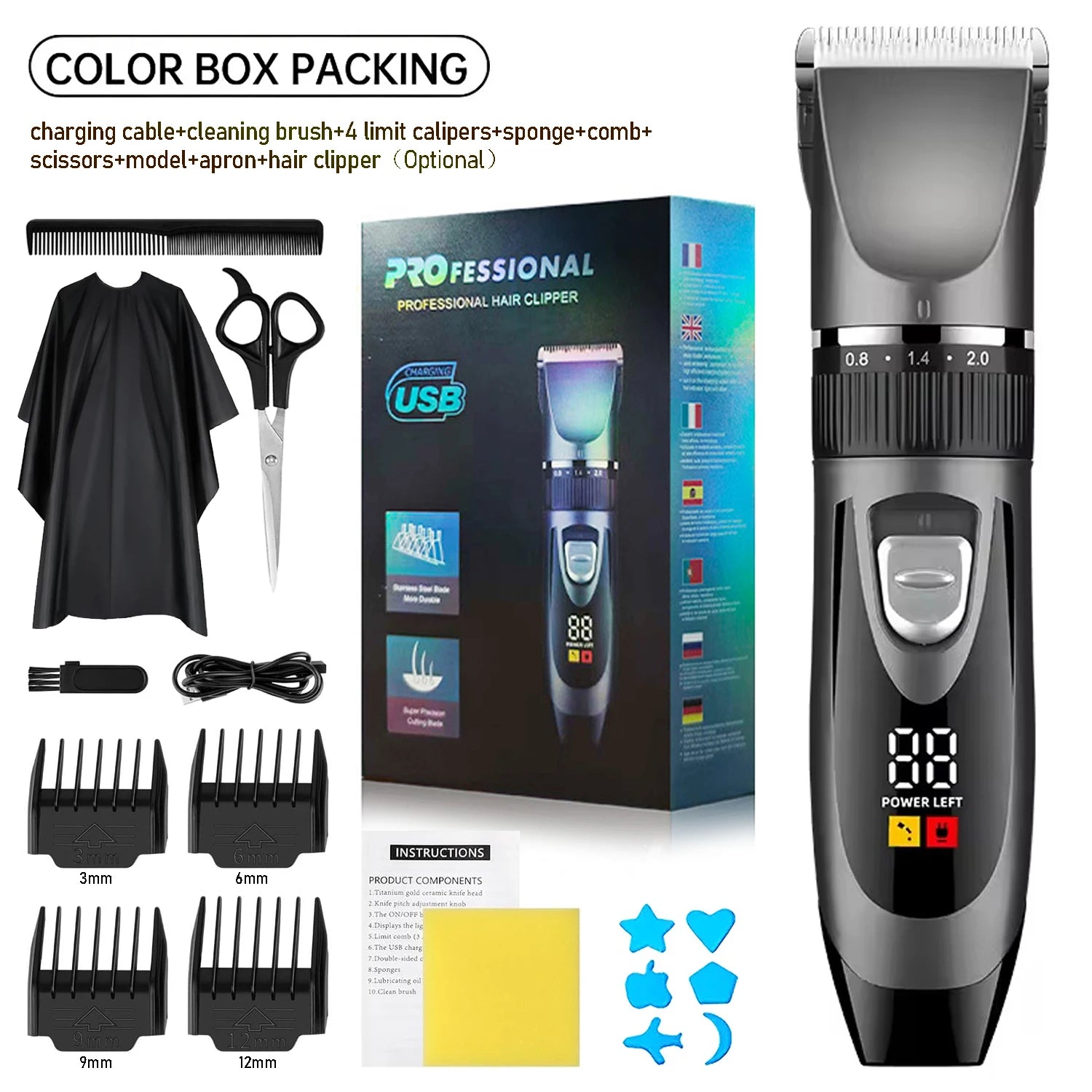 Professional Home Electric Hair Clipper Set with Digital Display, USB Fast Charging, Ceramic Blades & Long Battery Life
