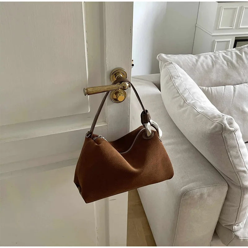 2026 New Fashion Brown Suede Genuine Leather Shoulder Bag Women's Retro Soft Tote Casual Daily Crossbody Handbag
