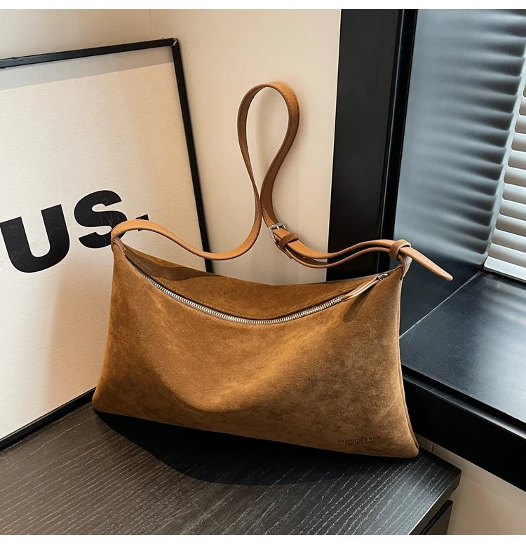 Vintage Suede Tote Bag For Women Autumn Winter New Large Capacity Commute Shoulder Crossbody Bags Fashion Trend Underarm Bags