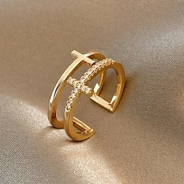 Luxury Zircon Gold Color Double Layer Adjustable Opening Rings For Women Fashion Wedding Party Jewelry Birthday Gift Wholesale