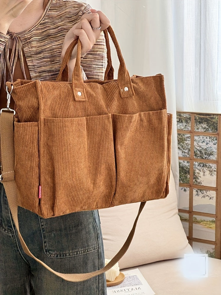 Corduroy Crossbody Tote Bag Stylish Commuter Shoulder Bag with Multiple Spacious Pockets Handbag For Women